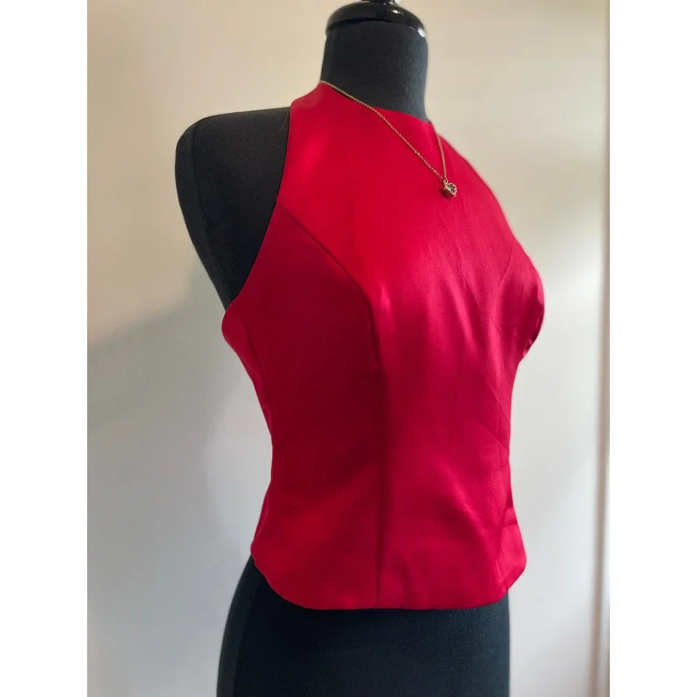 VTG Tom Barra Red Satin Halter Top Size 4 - Picture 3 of 7